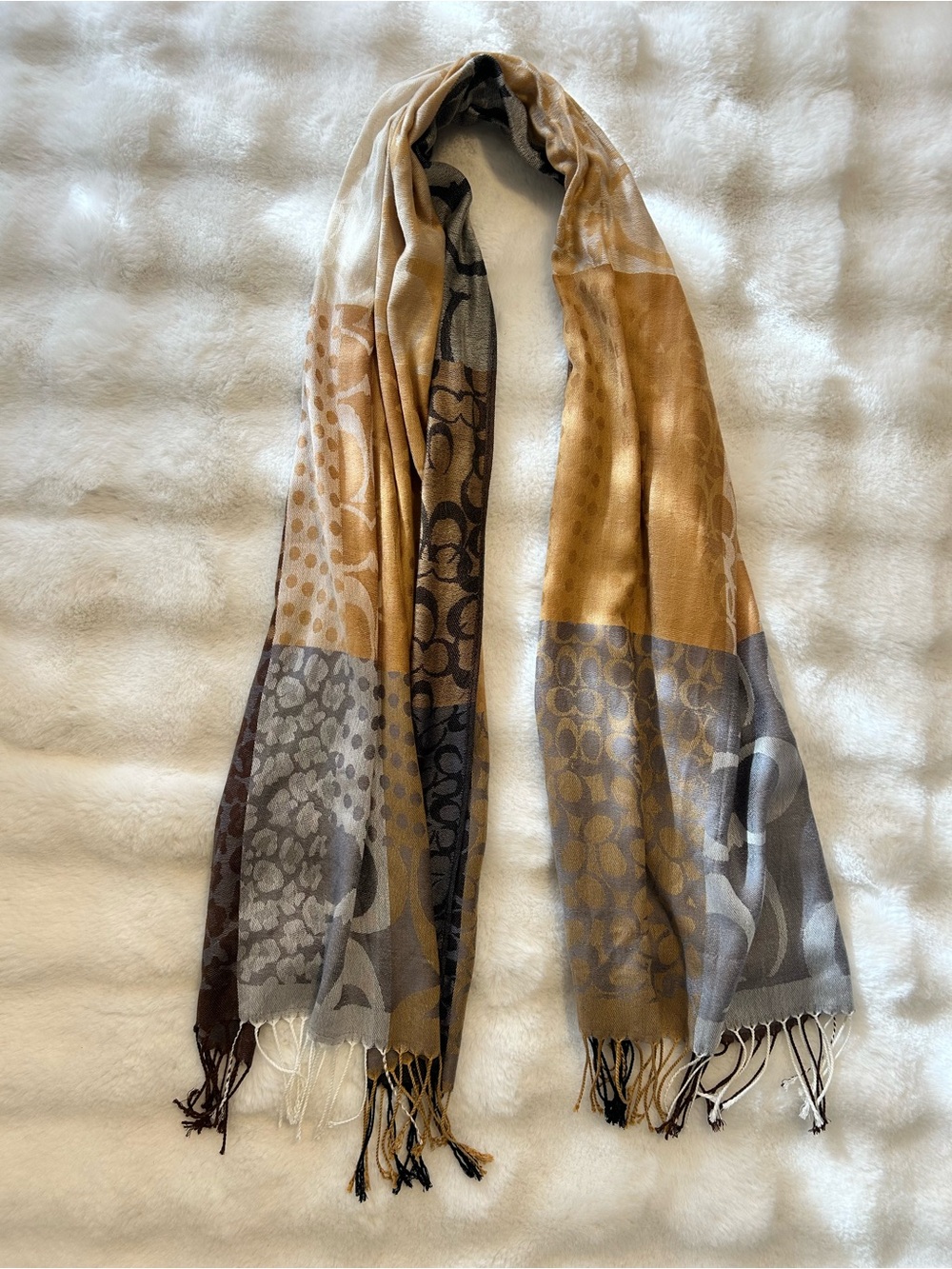 Coach Patchwork Silk Blend Fringe Scarf - Earth Tones Y2K